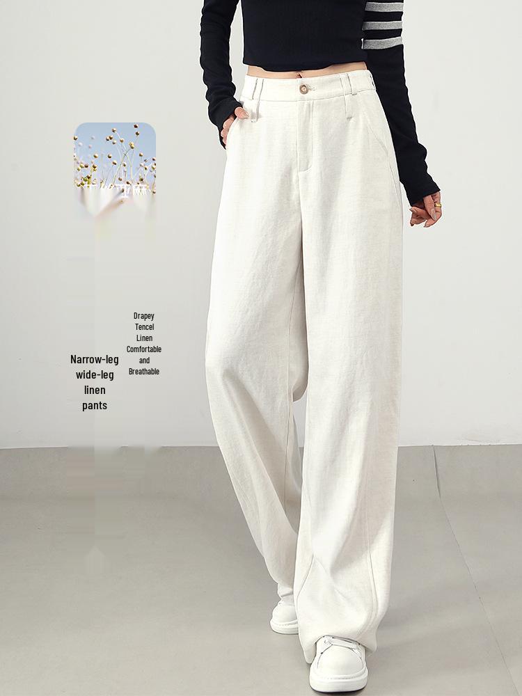 White Linen Loose-Fit Old Money Style Women’s Elastic Waist Wide-Leg Trousers, Casual Spring 2026 Collection