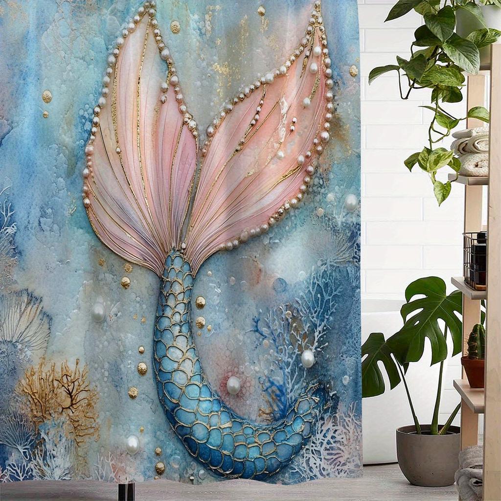Mermaid Pearl Print Shower Curtain, Window Curtain With 12 Hooks Included