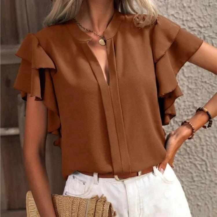 Elegant Solid Color Casual V-neck Top Pullover Shirt with Double Layered Ruffle Sleeves Women Blouse Summer