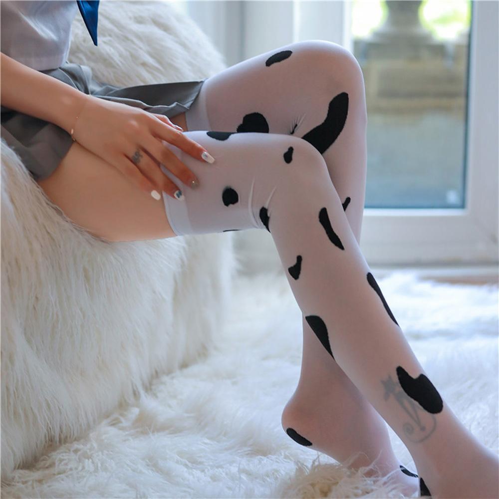 Lovely Kawaii Women Thigh High Stockings Cow Printed Pantyhose Cow Spots Printed Cosplay Stockings