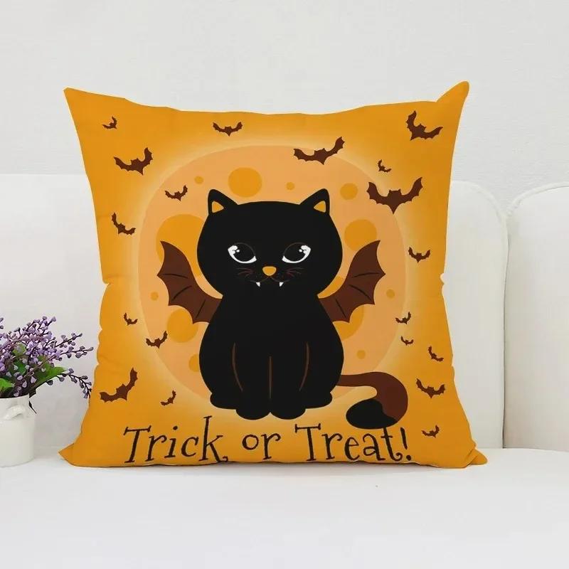 Housse de coussin décorative d'Halloween Chat Citrouille Adaptée pour Maison Salon Canapé Chambre Chambre Housse d'oreiller décorative