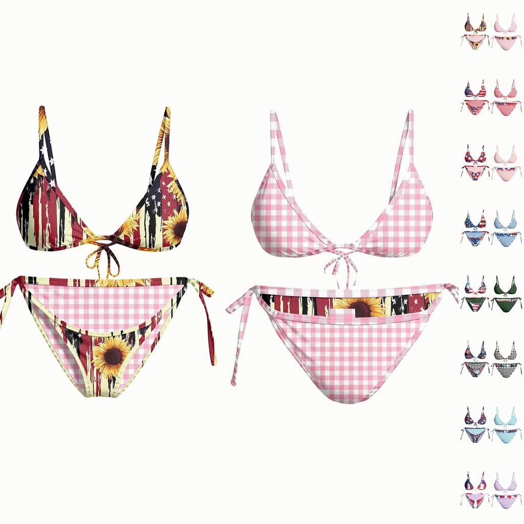 Women Bikini Set Two Piece Swimsuit Adjustable String Tie Side Bottoms Reversible Printed Bathing Suit for Beach Vacation