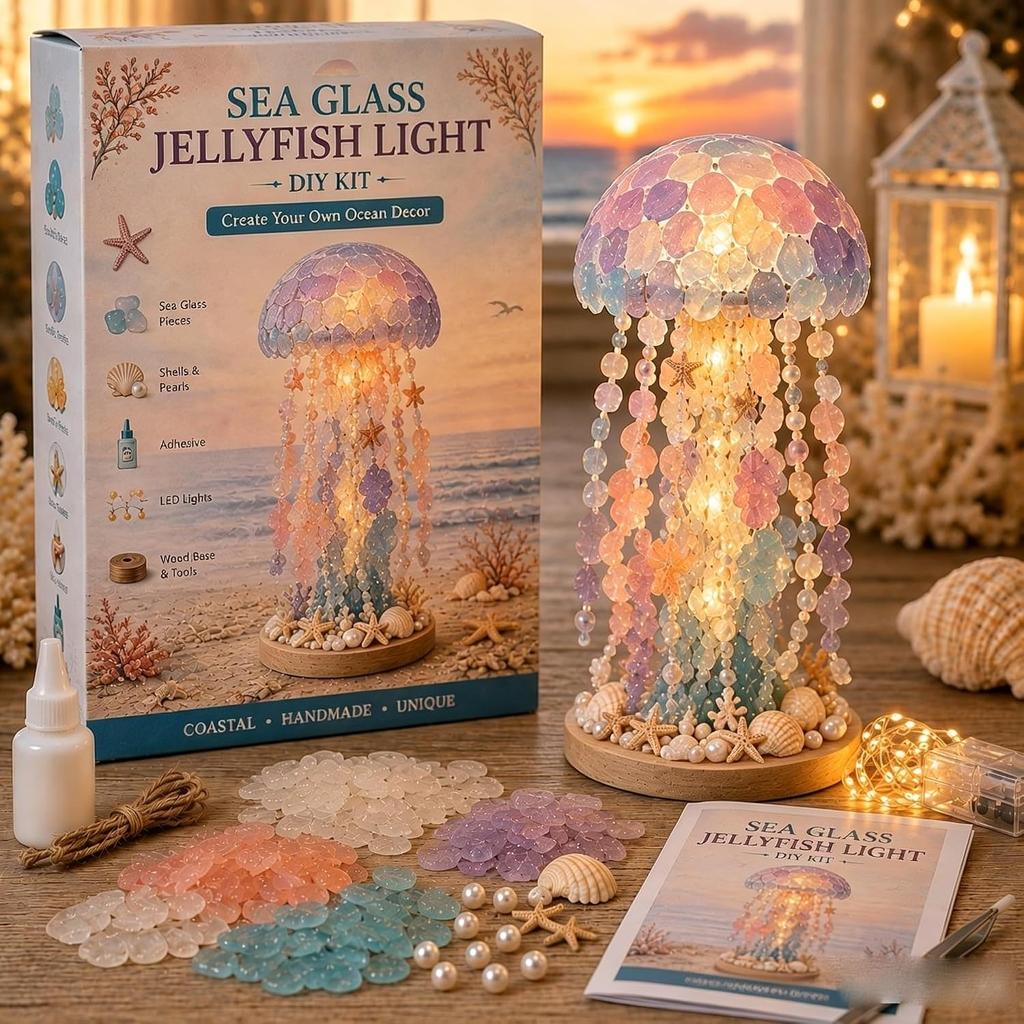Sea Glass Christmas Tree 3D Glowing Handmade Art Set Jellyfish