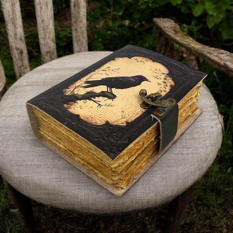 Leather Journal Gothic Notebook The Raven Grimoire Print - Vintage Handamde Journal Book of Shadows Witchcrafts Journal Gifts for Men