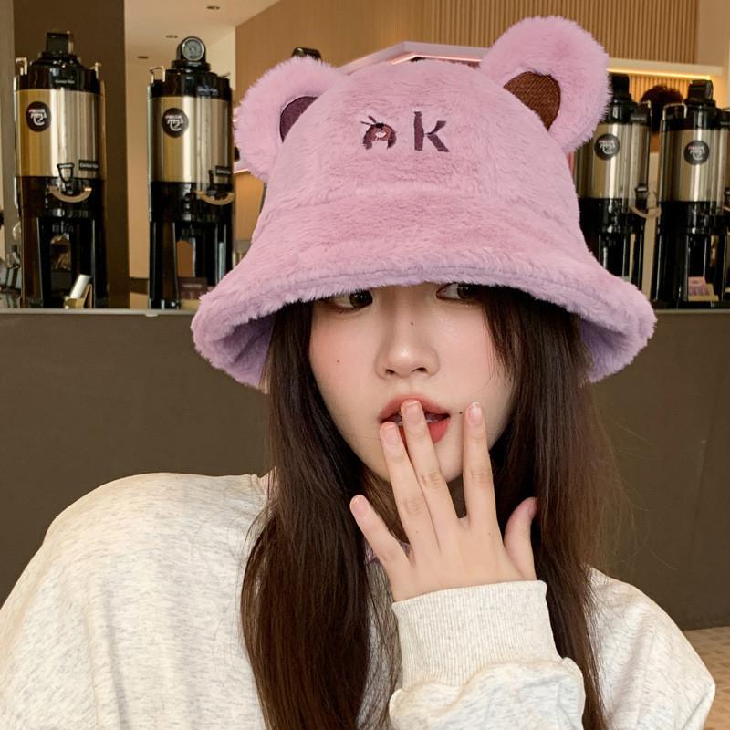Ok Ear Bear Letter Embroidery Plush Fisherman Hat Bucket Cap Protection Sun