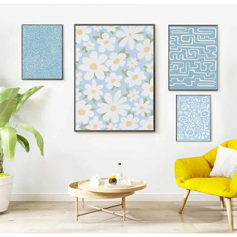 Blue Curved Abstract Canvas Painting Pattern, French Nostalgia Poster, Wall Art, Nordic Picture, Room Decoration, Flower Pattern