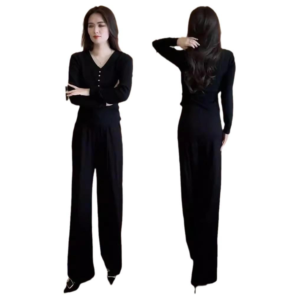 Autumn 2025 Women's Trendy Slimming V-Neck Top & Wide-Leg Pants Set