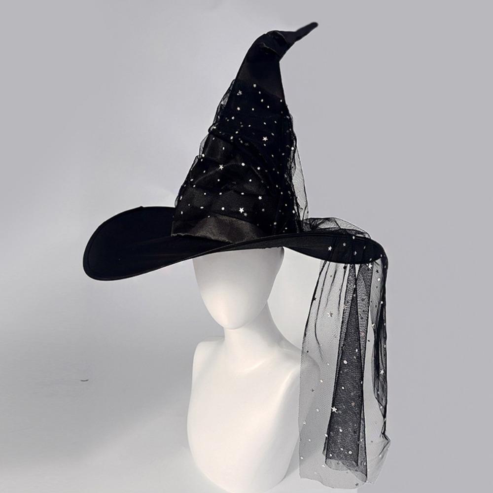 Mesh Yarn Cover Halloween Witch Hat With Veil Cosplay Accessories Pointed Mage Hat Masquerade Ball