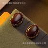 Hot Palace Style Retro Geometric Brown Natural Stone Earrings Texture Hong Kong Temperament Classical Light Luxury