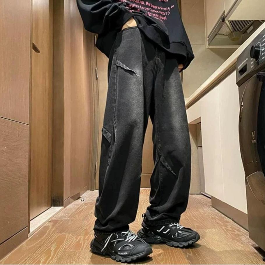 American high street ruffian handsome retro jeans men's spring and autumn trendy brand design sense loose straight wide leg trousers boys