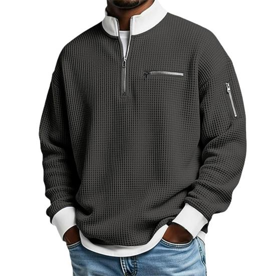 Men Waffle Sweatshirt Quarter Zip Stand Collar Casual Pullover Color Block Long Sleeve Top for Office Street Gym Wear