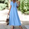Women's Fashion V-Neck Short Sleeve Solid Color Zipper Casual Vacation Long Dress Cotton Linen Dresses