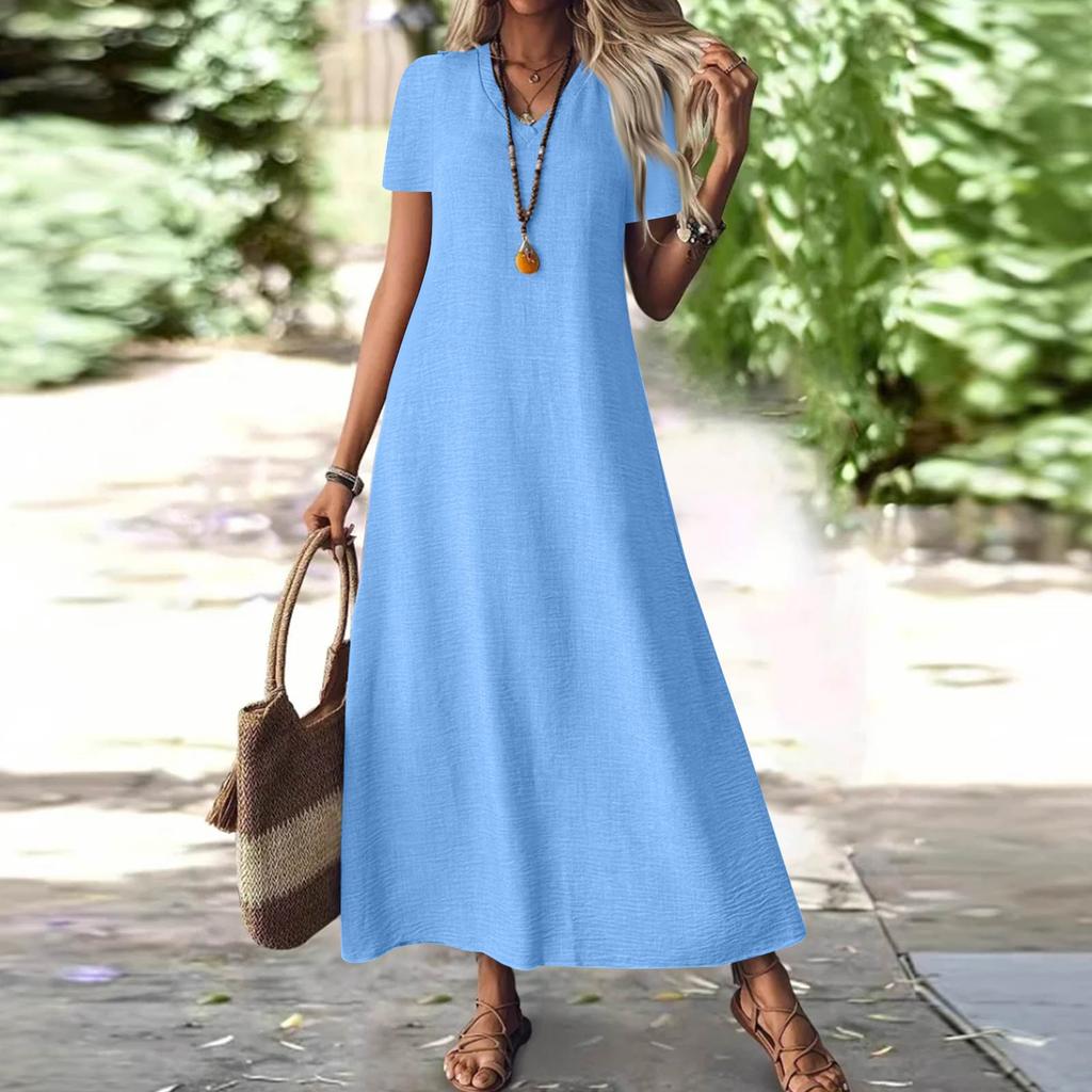 Women's Fashion V-Neck Short Sleeve Solid Color Zipper Casual Vacation Long Dress Cotton Linen Dresses