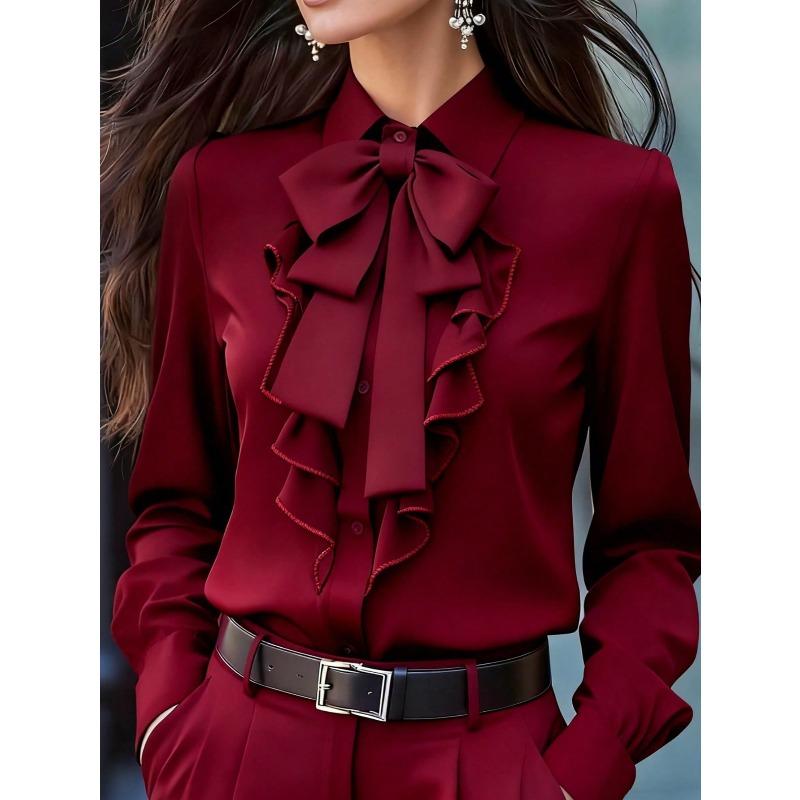 TIFICY Women's Fashion Casual Spring Autumn Solid Color Print Long Sleeve POLO Neck Blouses & Shirts