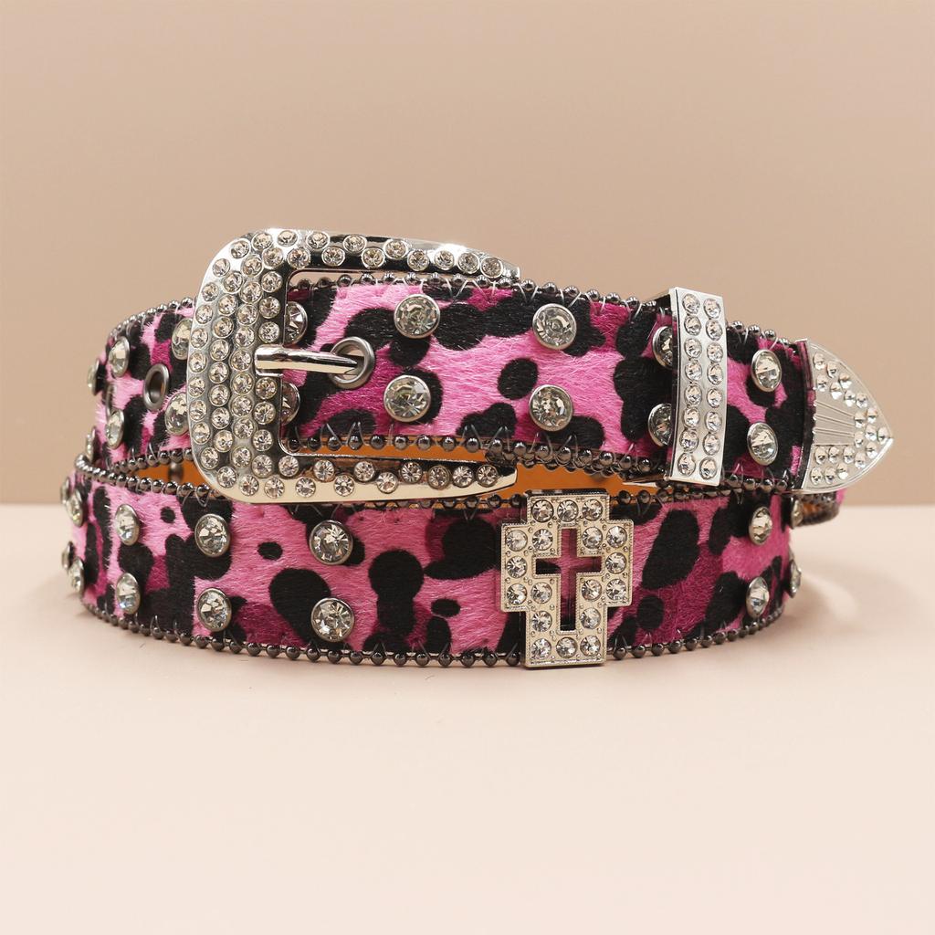 Cross Belt Leopard Print Western Rhinestone Belt Personalized Denim Woman Rivet Jeans Belt