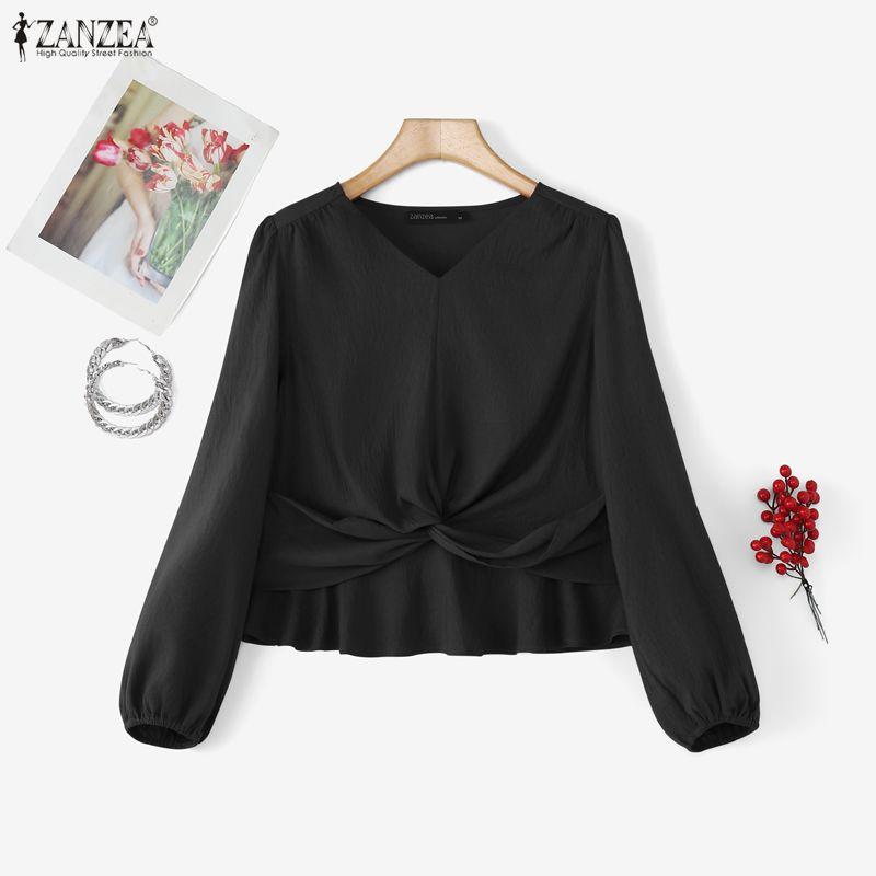 ZANZEA Blusa Casual Larga de Manga Larga Lisa con Cuello en V para Mujer