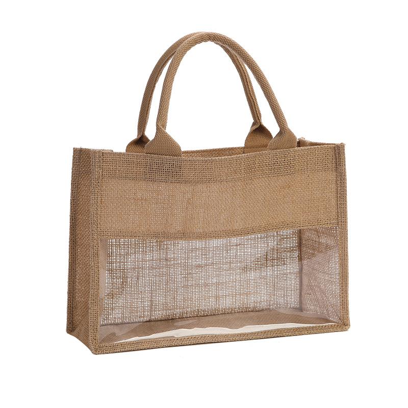 Jute PVC Splicing Handbag, Coarse Hemp Film Covered Tote Bag, Waterproof Inner Linen Bag, Printed Pattern