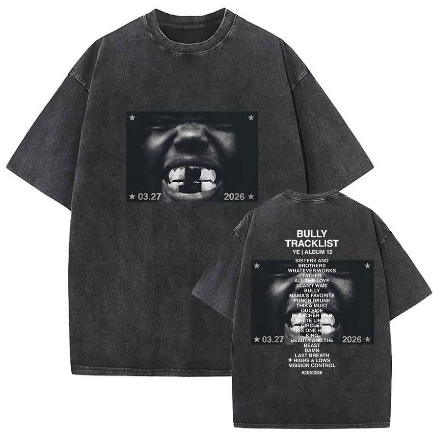 Vintage Gewaschen Kanye West Bully Neues Album 2026 Grafik T-Shirt Herren Rap Gothic Punk Hip Hop Kurzarm T-Shirt Mann Streetwear