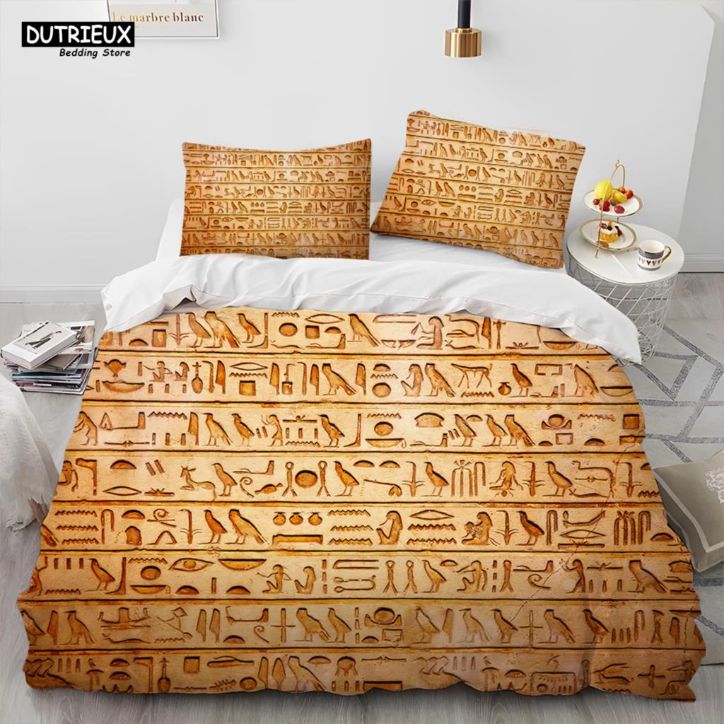 Egyptian Mythology Pharaoh Hieroglyphics Comforter Bedding Set,Duvet Cover Bed Set Quilt Cover Pillowcase,Queen Size Bedding Set
