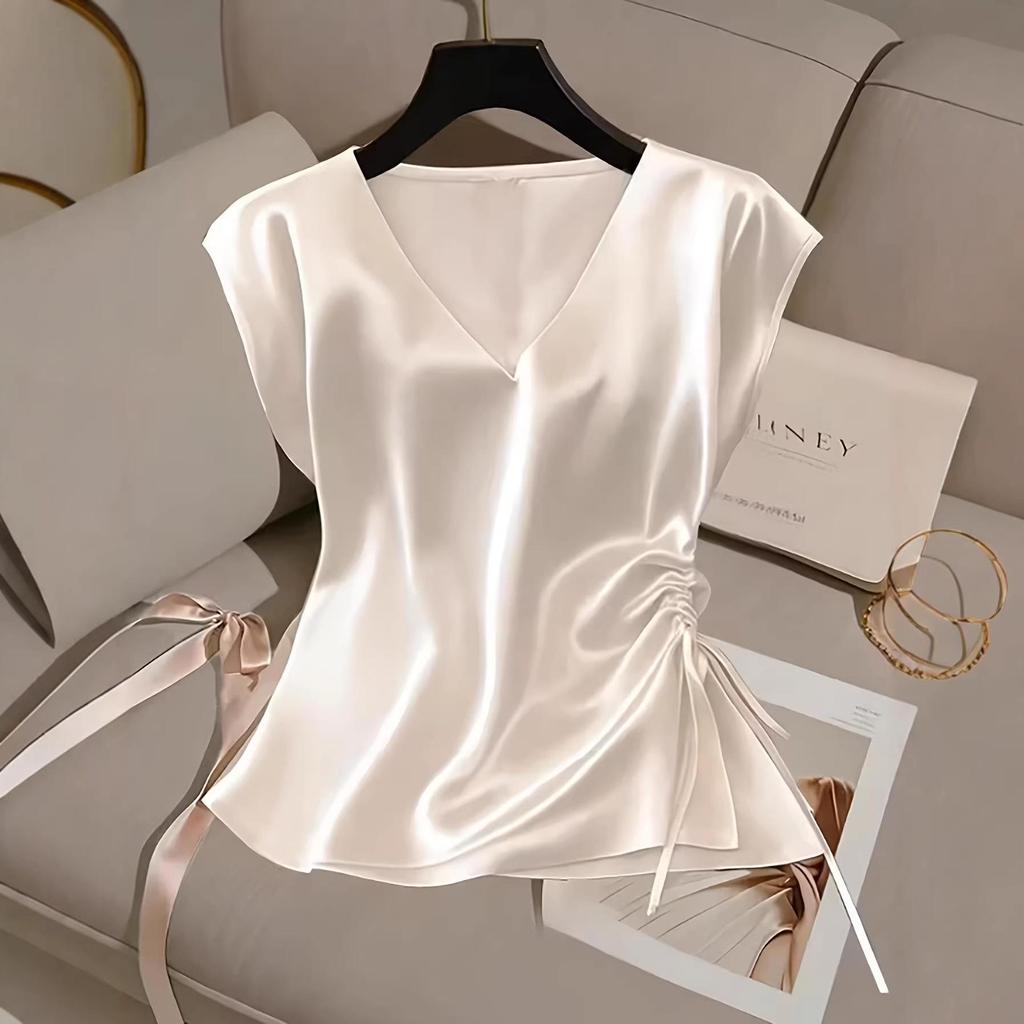Women's Spring/Summer Solid Color Satin V-Neck Drawstring Top