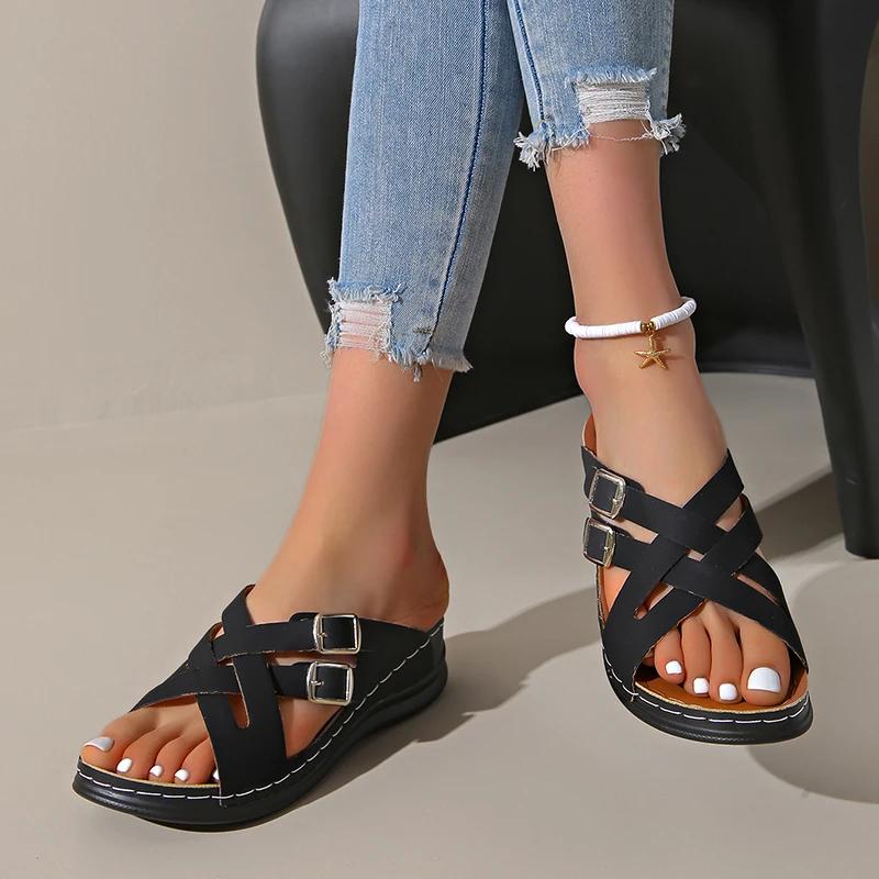 Fashion Mix Color Cross Strap Wedge Slippers Women Summer Non Slip Platform Sandals Woman Lightweight Soft Thick Sole Sandalias Mujer 43