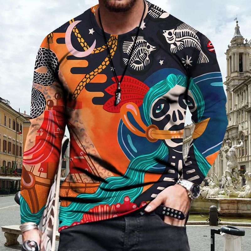3D Printed Colorful Personality T Shirt For Men African Ethnic Pattern Tees Autumn Casual O-Neck Tops Loose Long Sleeve T-Shirts
