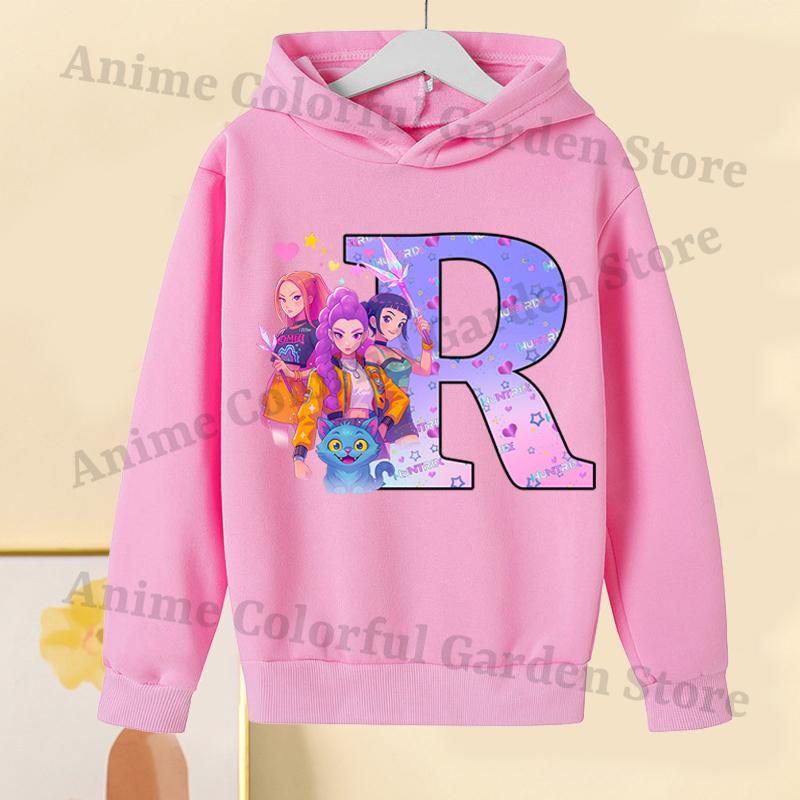 KPop Dämonenjäger Pinke Hoodies für Kinder Cartoon Buchstaben bedrucktes Kapuzensweatshirt Mädchen Herbstmode Hoodie Kinderkleidung