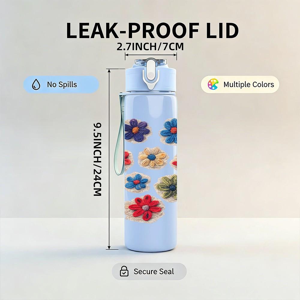 1PC Multicolor Wild Flower Cluster Print 750ml Color Plastic Sports Water Bottle Leakproof Flip Straw Lid Suitable for Sports Office Home Use