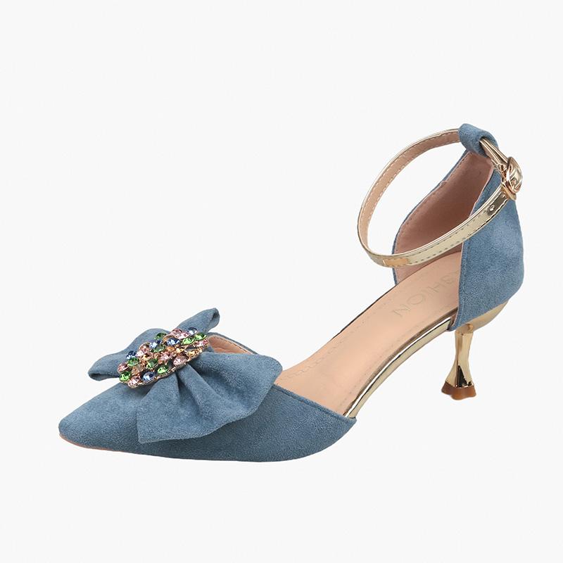 

Модные женские роскошные сандалии с красочной хрустальной бриллиантовой пряжкой, лето 2025, новые, сексуальные, с бантом, на тонком каблуке, мюли, туфли-лодочки с острым носком 34 синий