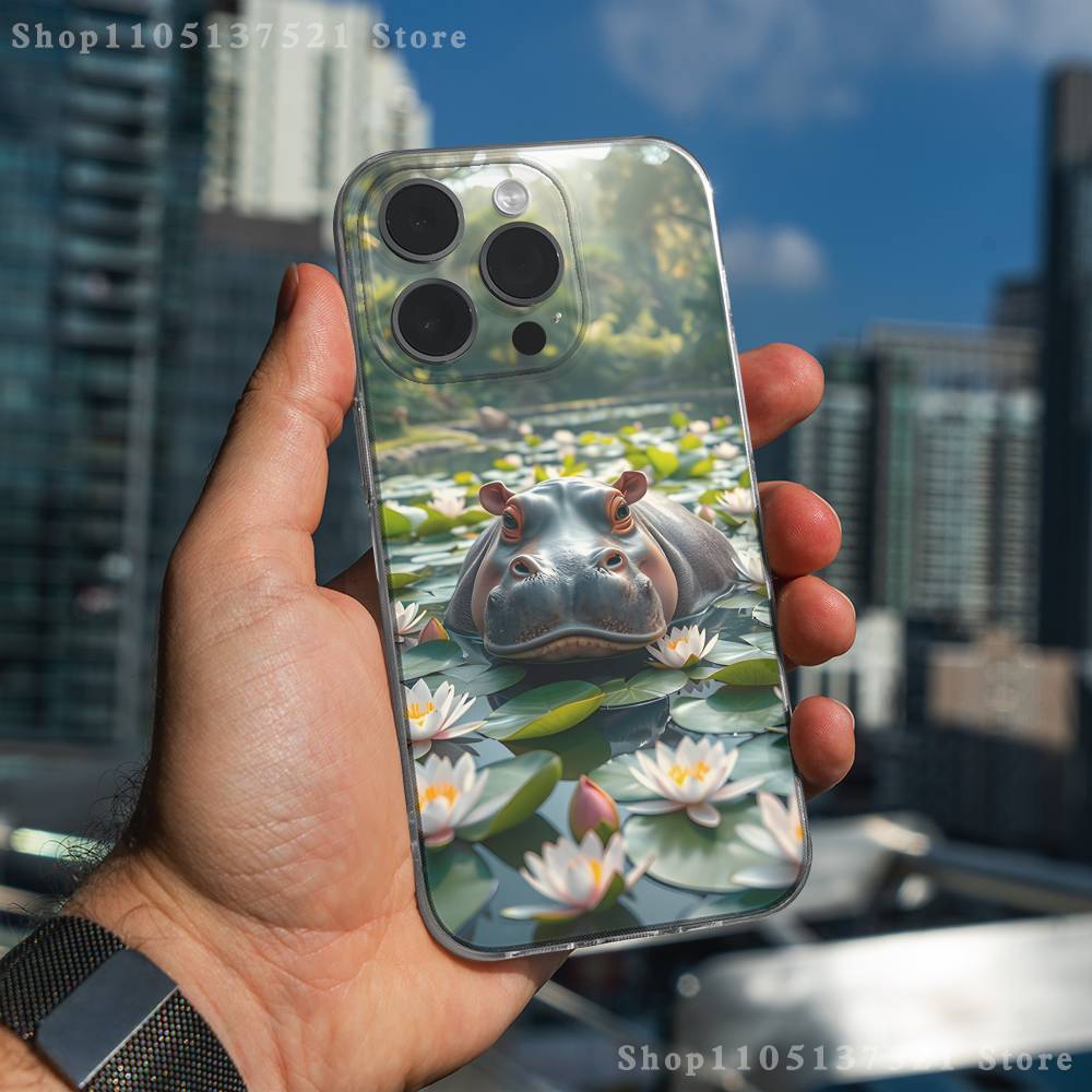 Cute Hippo Hippopotamus Phone Case For iPhone 16,15,17,12,13,14,11 Max,Pro,Plus,X,XS,XR,SE4,E Mini Transparent Cover