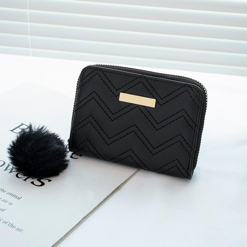 Women's Short Wallet, New Wavy Pattern Embroidered Hairball Pendant, Change Bag, Casual and Fresh Small Card Bag.
