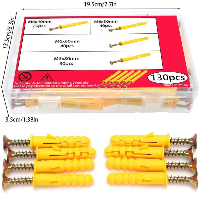 130PCS Small Yellow Croaker Expansion Tube Set Nylon Expansion Anchor Wood Screw Combination Box