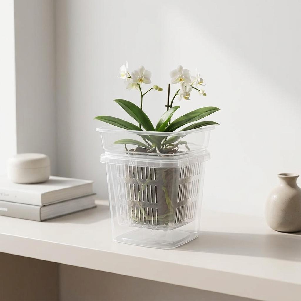 6xClear Orchid Pot 3 Pack, Square Polypropylene Slotted for Roots with Drainage System,