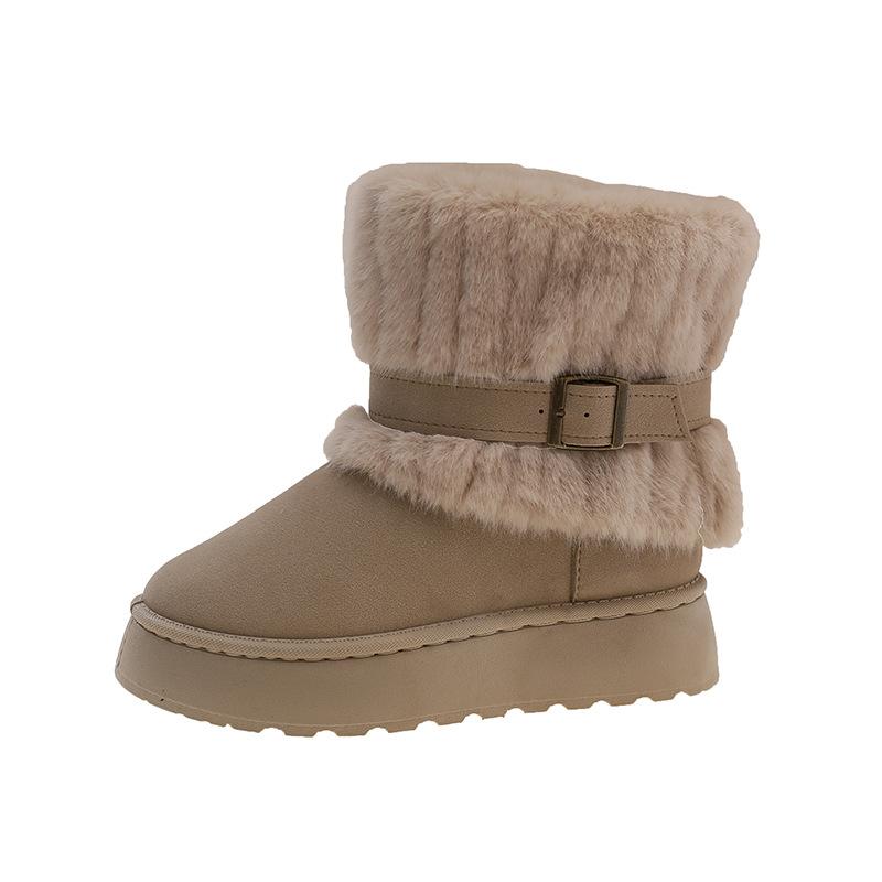 Winter Thick Sole Tubular Short Fur Snow Boots Women Mid-Calf Spliced 43 Size Boots Korean Style round Toe Rubber Outsole