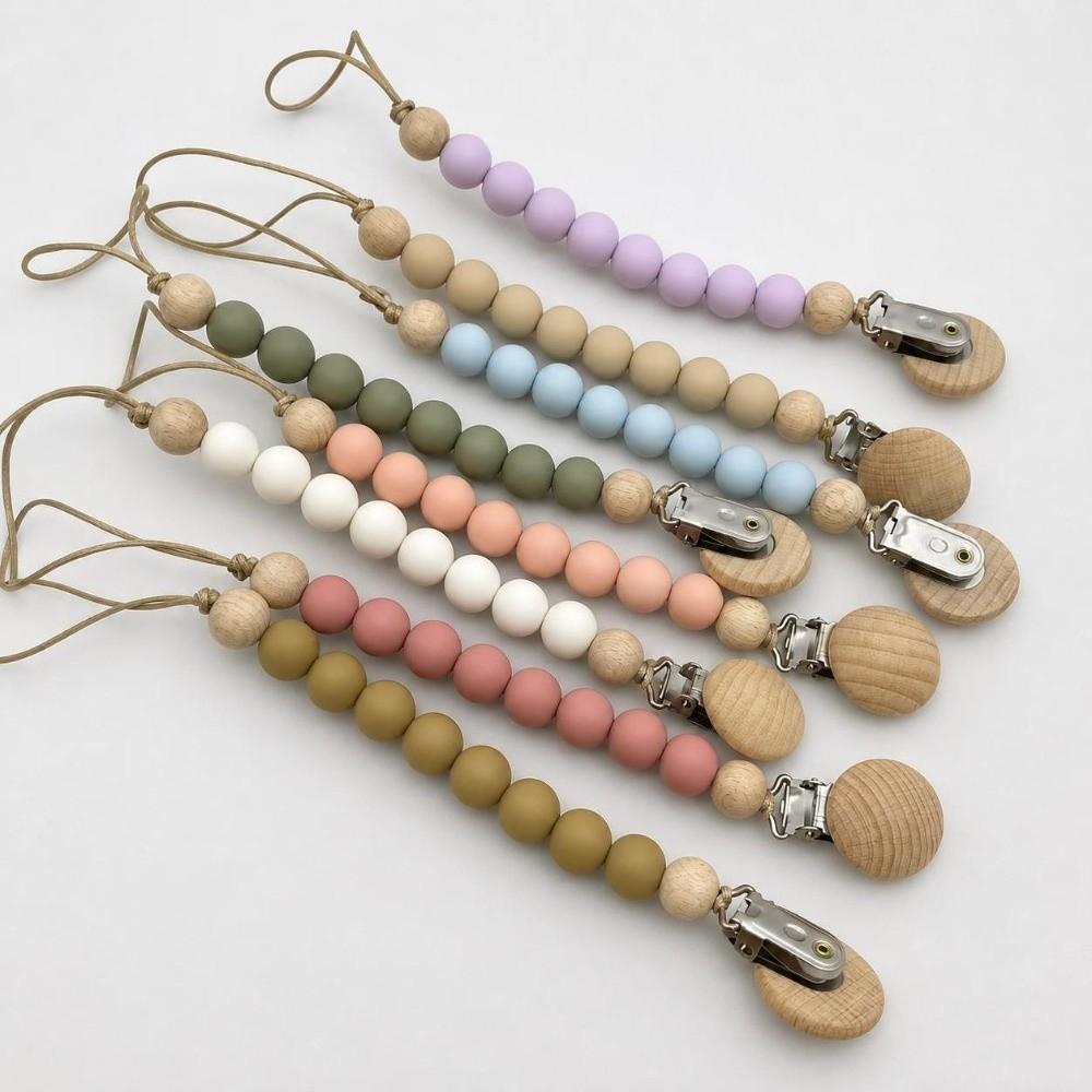 Lightweight Pacifier Clip Silicone Wood Soother Holder Baby Teething Chain StrollerMinimalist