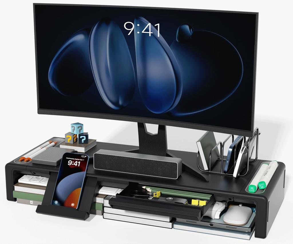 Olmaster Folding Desktop Monitor Stand with 3-Tier Adjustable Width, Includes Smartphone & Tablet Holder, Keyboard Storage, Drawer, 8cm Height