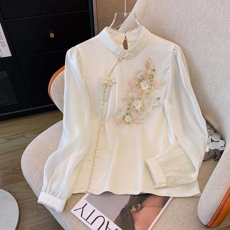 Embroidered Beads and Buckles Modified Cheongsam Satin Long-sleeved Shirt