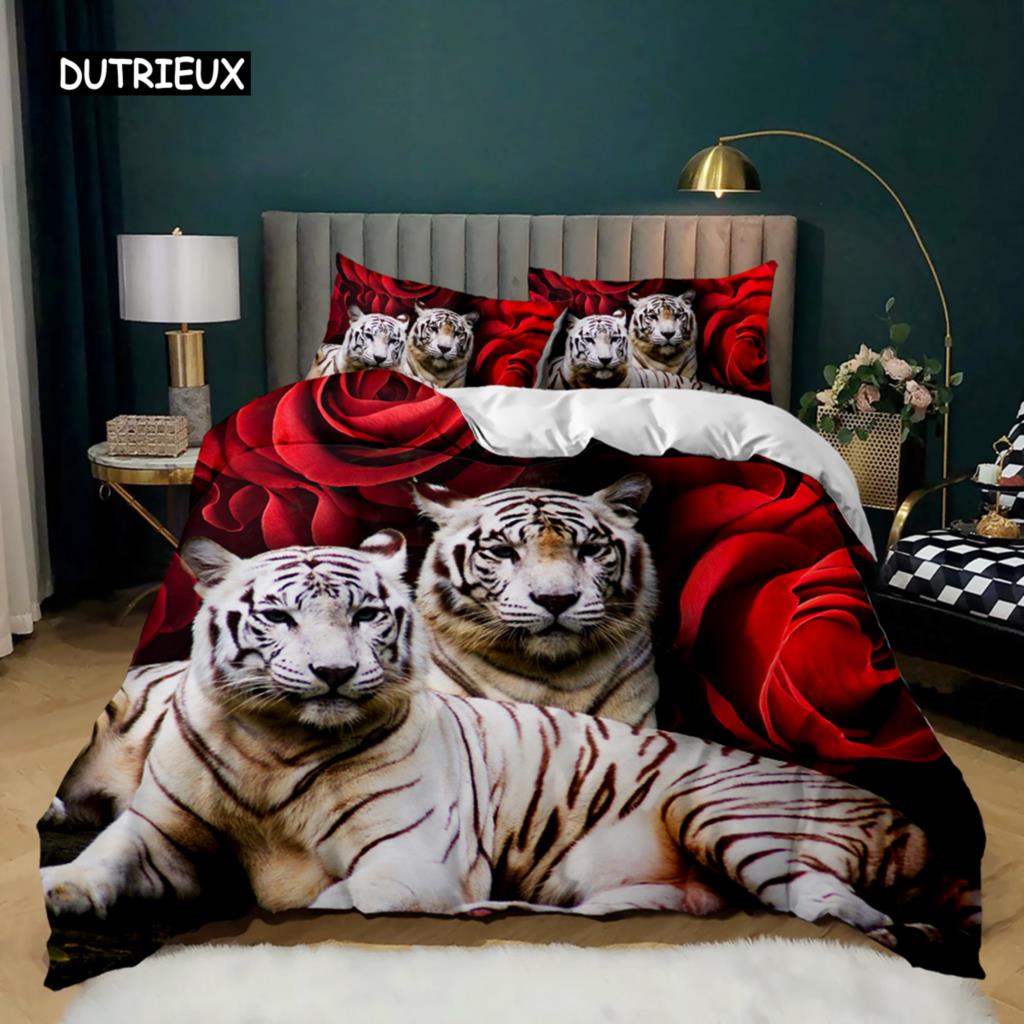 Tiger Duvet Cover Set Red Rose Flower Comforter Cover Boys African Safari Wild Animals Big Cat Queen King Polyester Qulit Cover