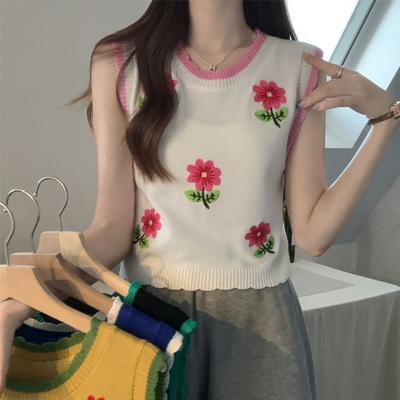 Dámský Vintage Krátký Pletený Camisole s Květinovou Výšivkou Vnitřní Podšívka Bez Rukávů Stylový Jedinečný Top