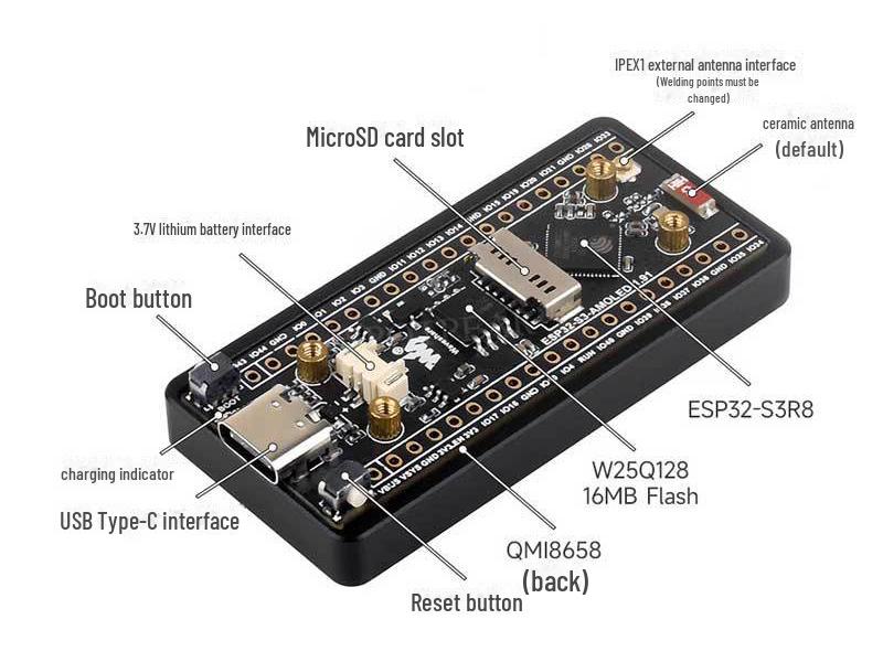 ESP32-S3 Entwicklungsboard mit 1,91" AMOLED Touch-Display, SD-Kartensteckplatz und 6-Achsen-Sensor, Arduino-kompatibel