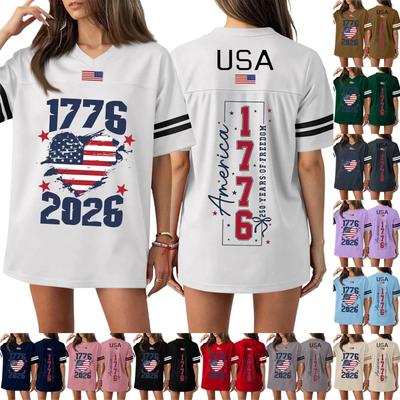 Damen Casual Mode V-Ausschnitt Sport Unabhängigkeitstag Druck Kurzarm Sport T-Shirt Top