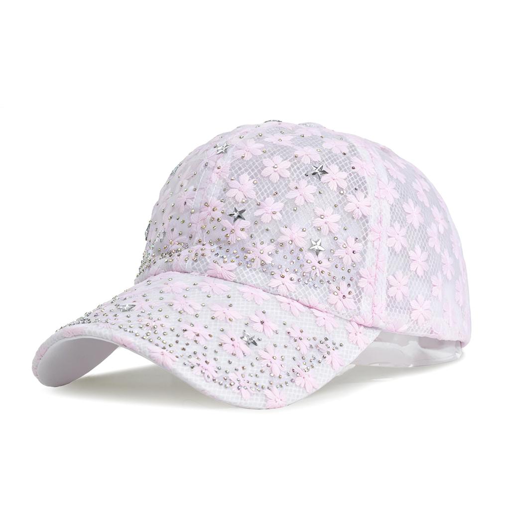 Shiny Rhinestone Lace Flower Baseball Cap Hollow Out Breathable Adjustable Ladies Spring Summer Hats