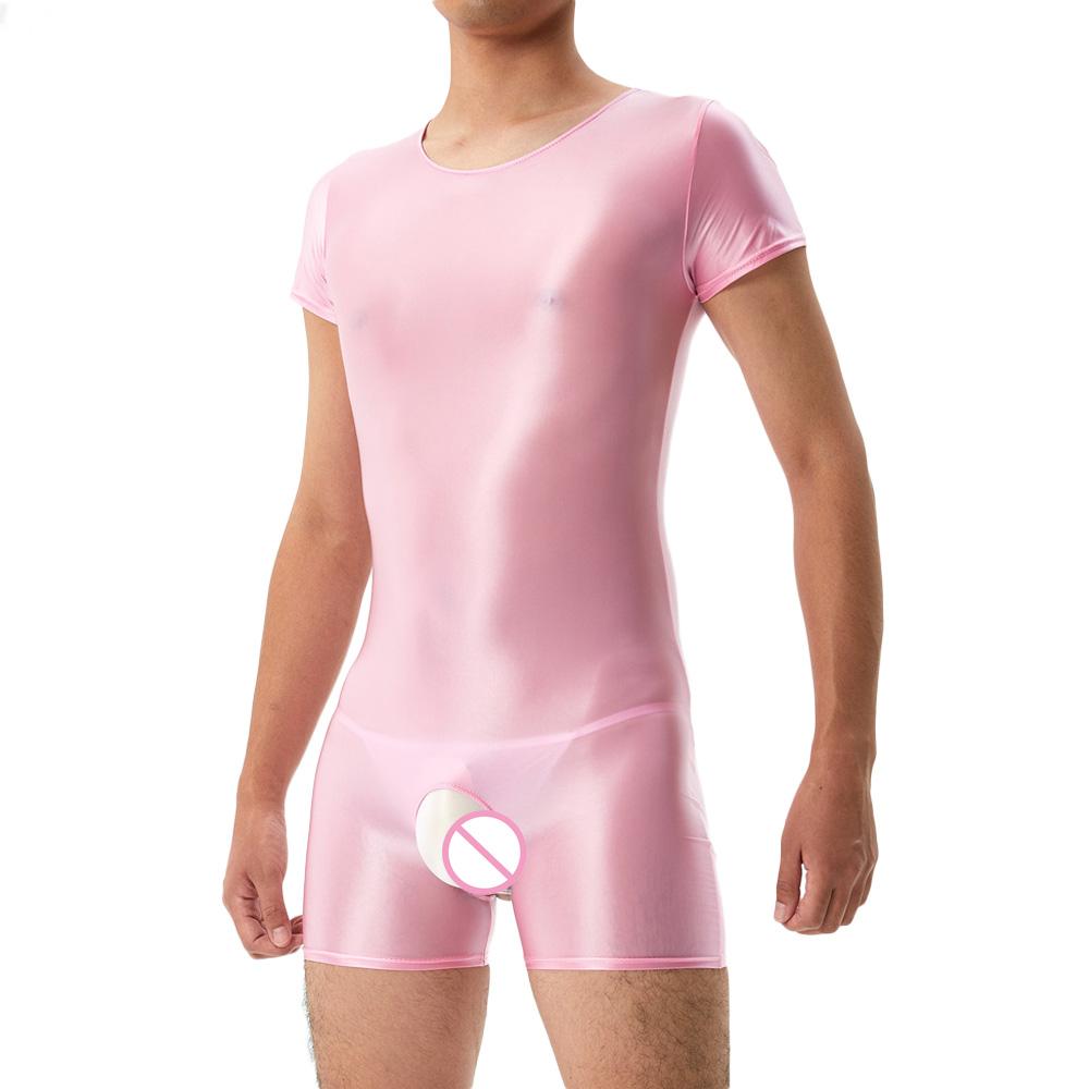 Sexy Men Satin Oil Glossy Shiny Bodysuit Yoga Tights Elastic Shaping Leotard Crotchless Jumpsuit Candy Color Exotic Tops Plus