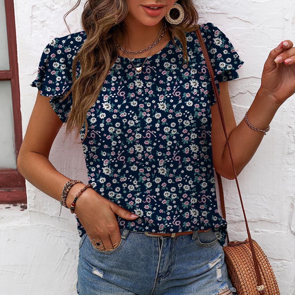 Women Casual Short Sleeve O-neck Floral Print Summer Blouse