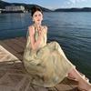 Sanya seaside skirt French loose temperament dress ink smudge printing suspenders holiday wind beach skirt summer