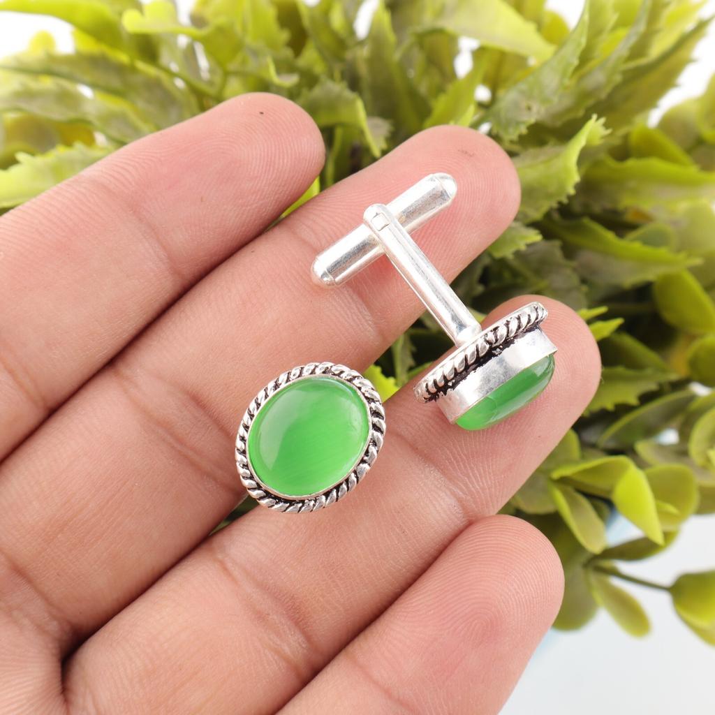 Green Cat's Eye Gemstone 925 Sterling Silver Cufflinks Groom & Groomsmen Gift CL-1-22
