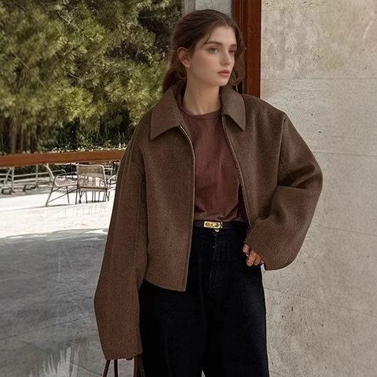 Women Vintage Lapel Zipper Cropped Jacket Casual Loose Long Sleeve Short Outerwear Streetwear Coat