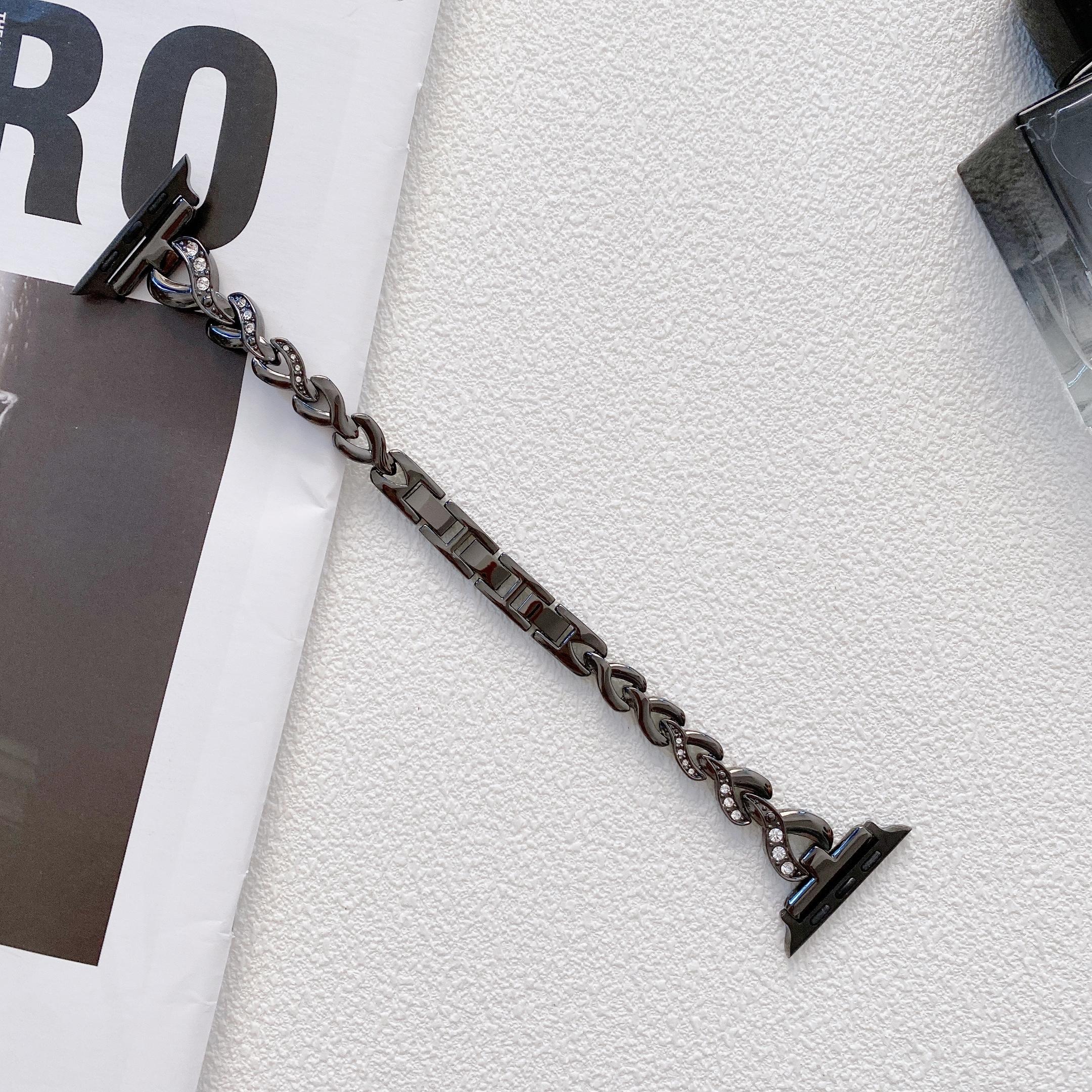 

Женский браслет для Apple Watch Band 7 6 se 41 45 44 38 42 мм, женский роскошный ювелирный металлический кожаный браслет для iWatch с бриллиантами 40 мм 38/40/41mm чёрный