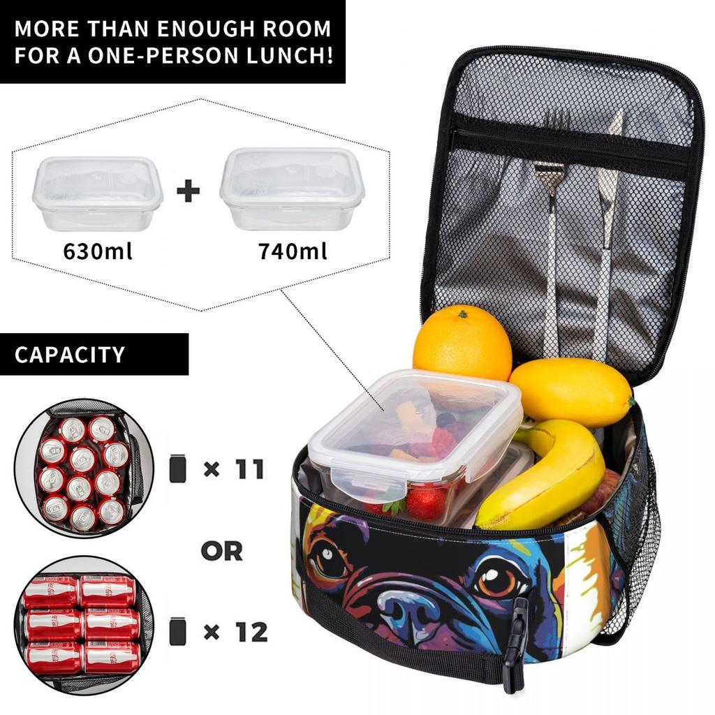 Bunte Niedliche Graffiti Bulldogge Lächeln Aufdruck Isolierte Lunchtasche für Damen Kinder Tragbare Lebensmittelboxen Thermische Lunchbox Tragetasche