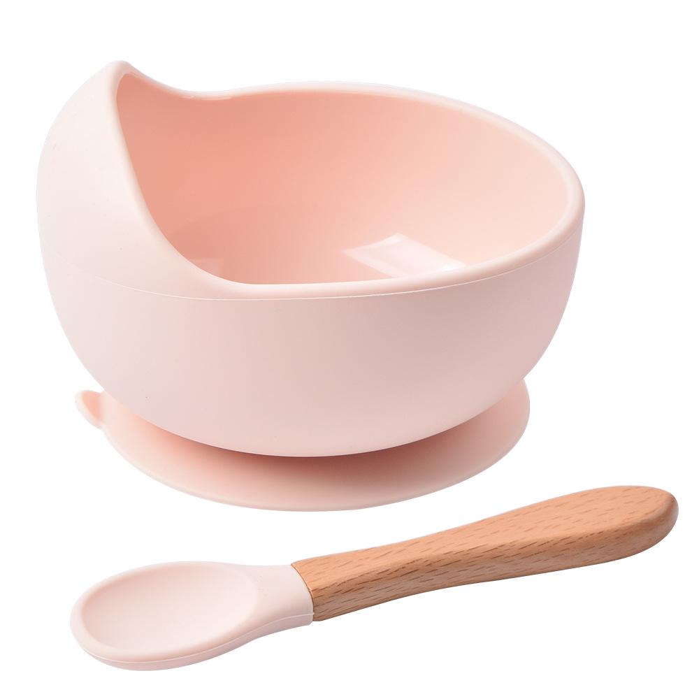 Silicone Baby Bowl & Spoon Set with Wooden Handle and Suction Cup